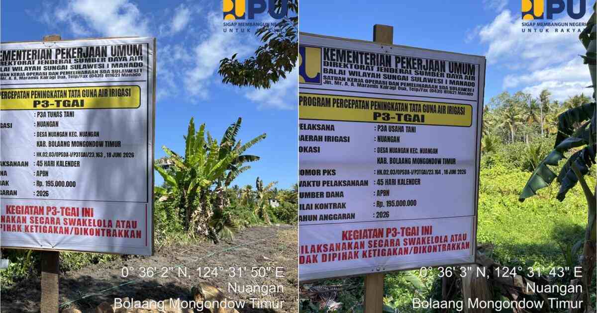 Papan informasi pekerjaan P3-TGAI 2026 pada dua titik berbeda di Desa Nuangan, Boltim.