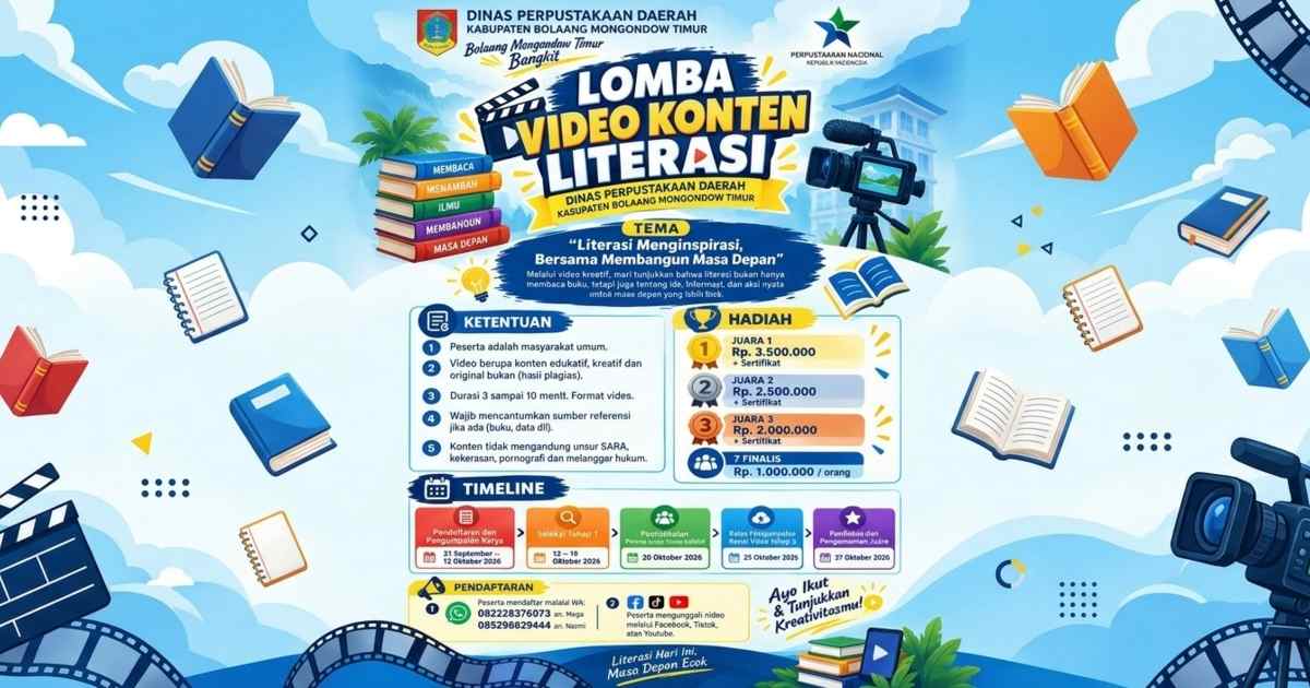 Lomba Video Konten Literasi Boltim 2026 dengan total hadiah Rp15 juta.