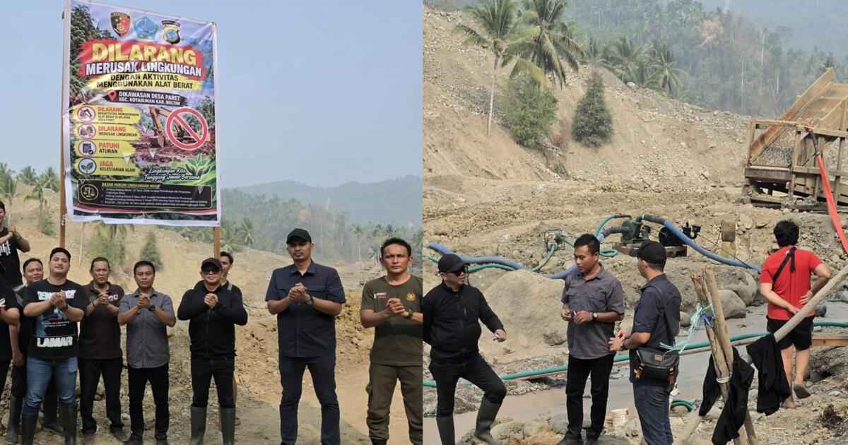 Polda Sulut memasang baliho larangan merusak lingkungan menggunakan alat berat di Desa Paret, Boltim.