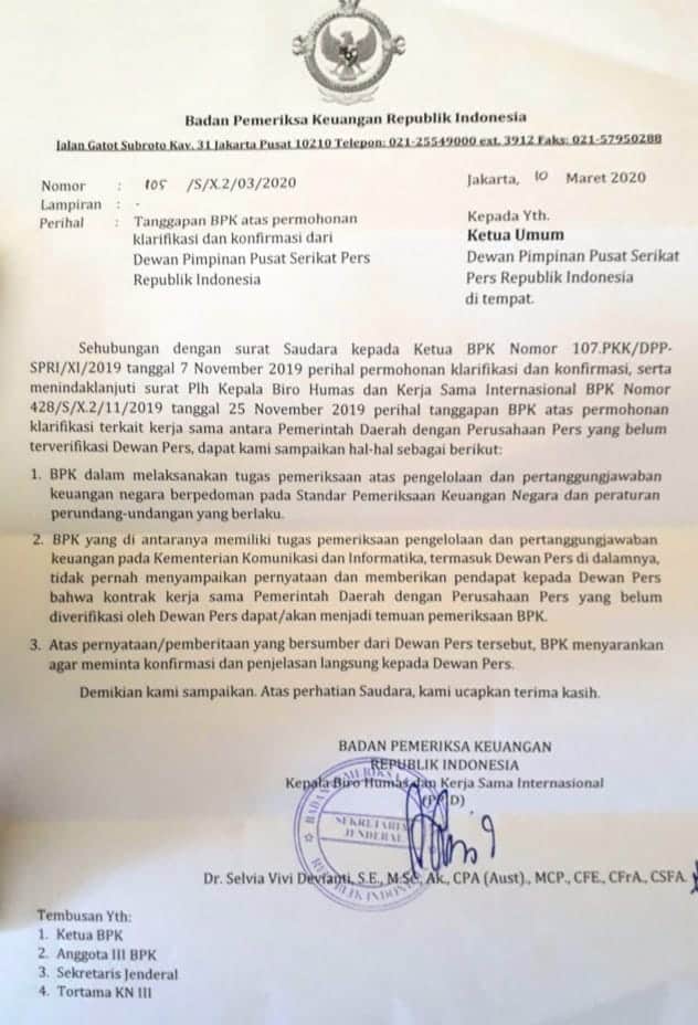 Bukti surat BPK RI ke SPRI bahwa tidak menggunakan Verifikasi Media Dewan Pers dlm pemeriksaan keuangan Pemda.