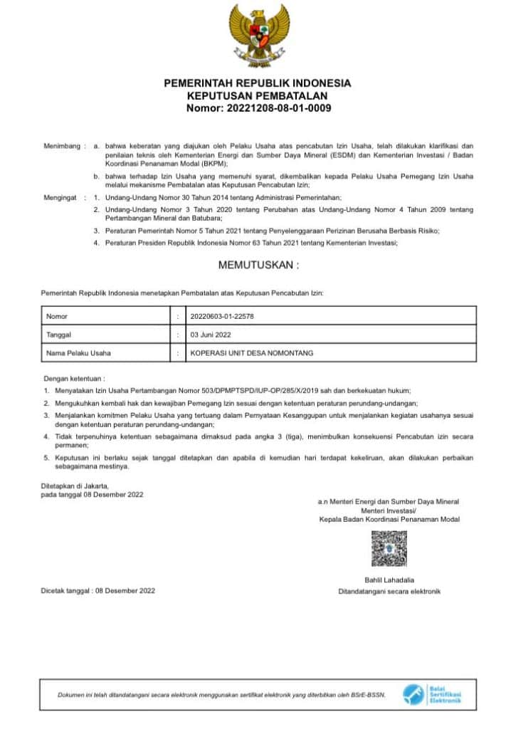 surat pemulihan Izin Usaha Pertambangan (IUP) Koperasi Unit Desa (KUD) Nomontang