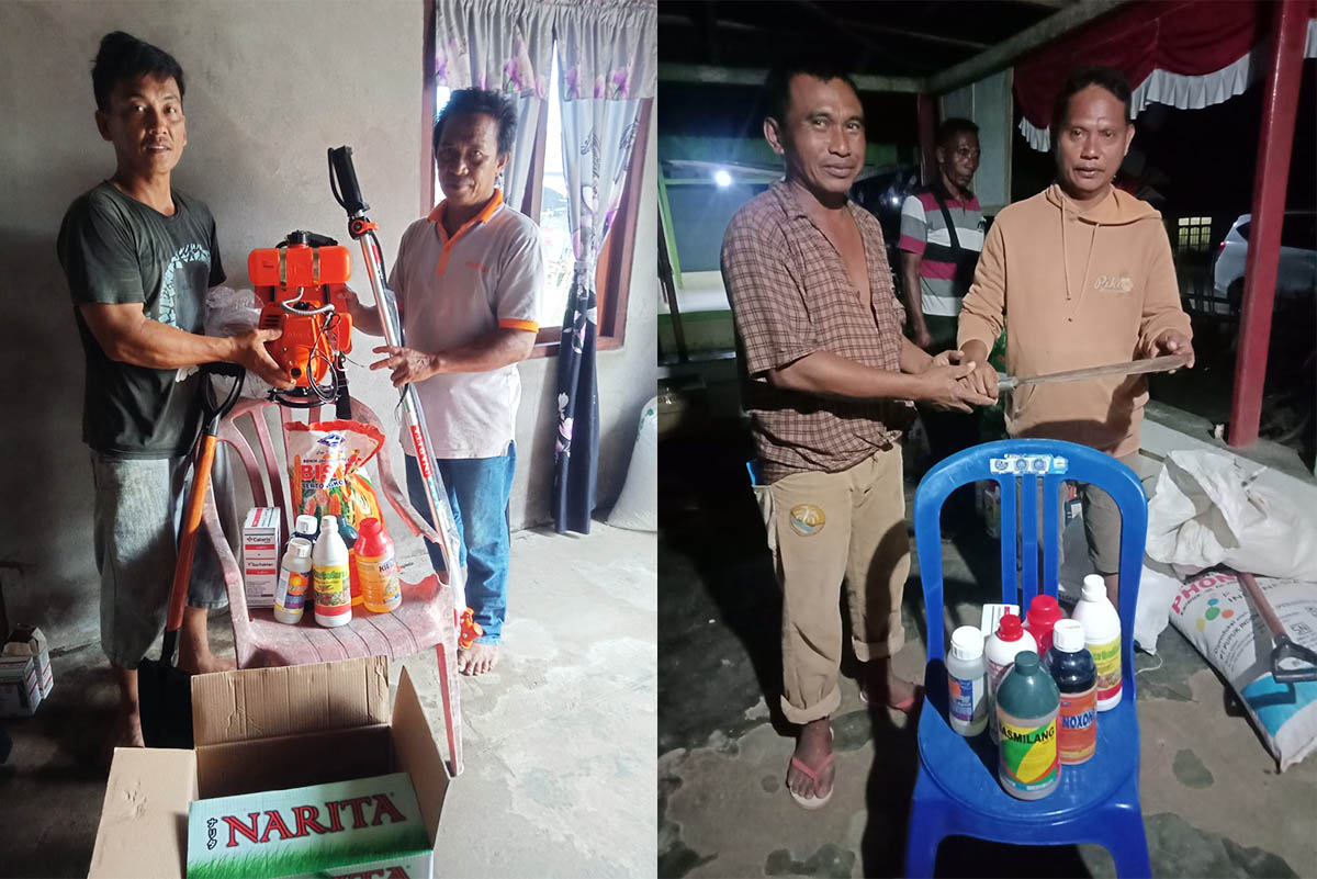 Sekretaris Desa Molobog Timur, Ferry Manorek saat menyalurkan bantuan program ketahanan pangan.