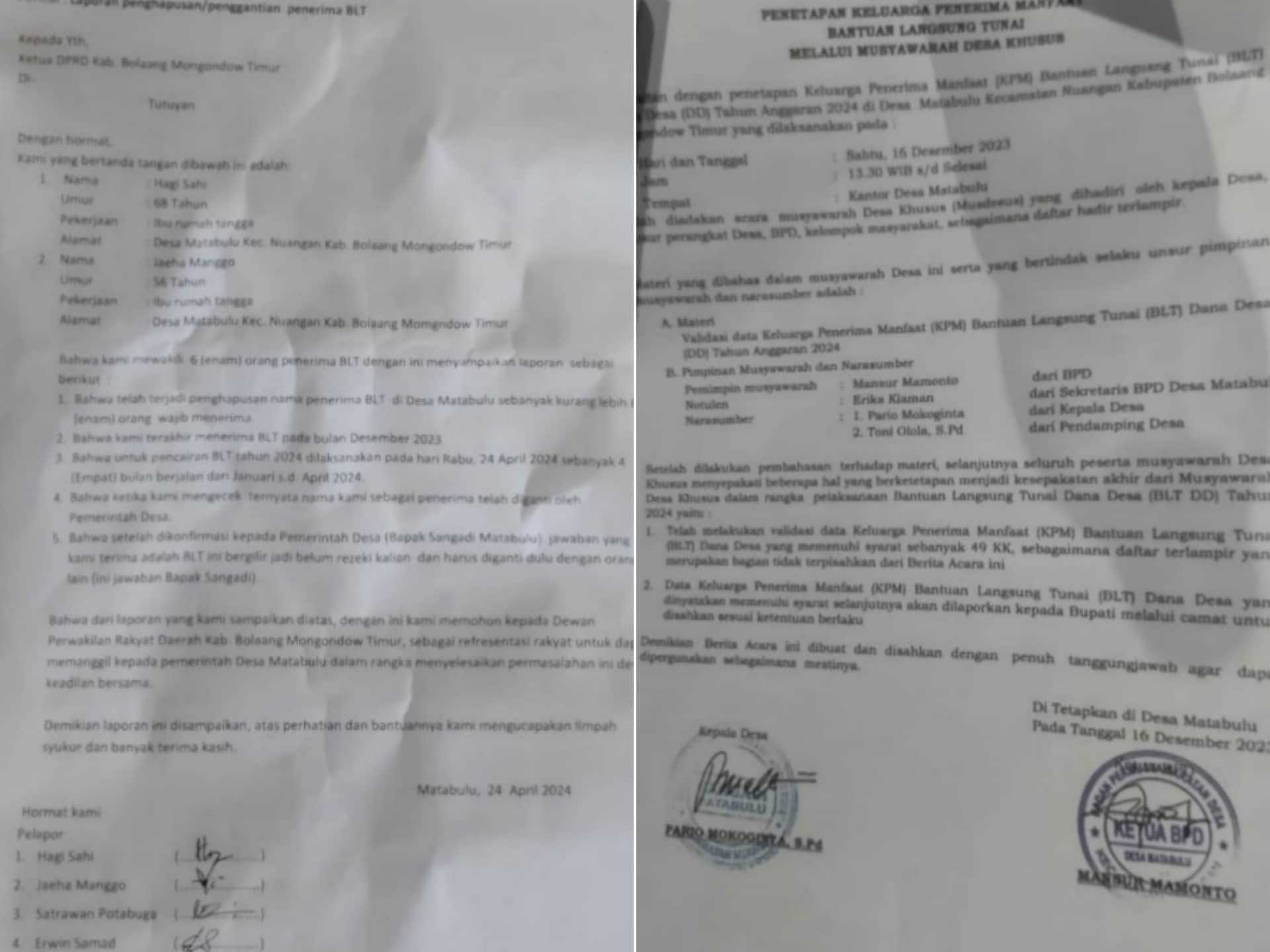 Terkuak! Perubahan Sejumlah Nama Penerima BLT DD 2024 Matabulu Boltim Tanpa Libatkan BPD