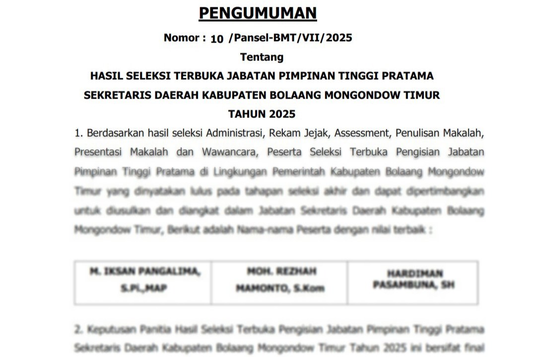 Pansel Umumkan Hasil Akhir Seleksi Sekda Boltim 2025, Ini Tiga Nama yang Lolos