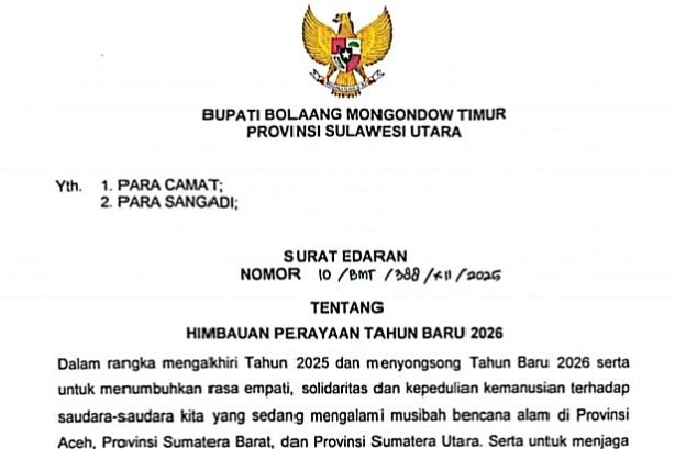 Surat edaran Bupati Boltim terkait perayaan malam tahun baru 2026