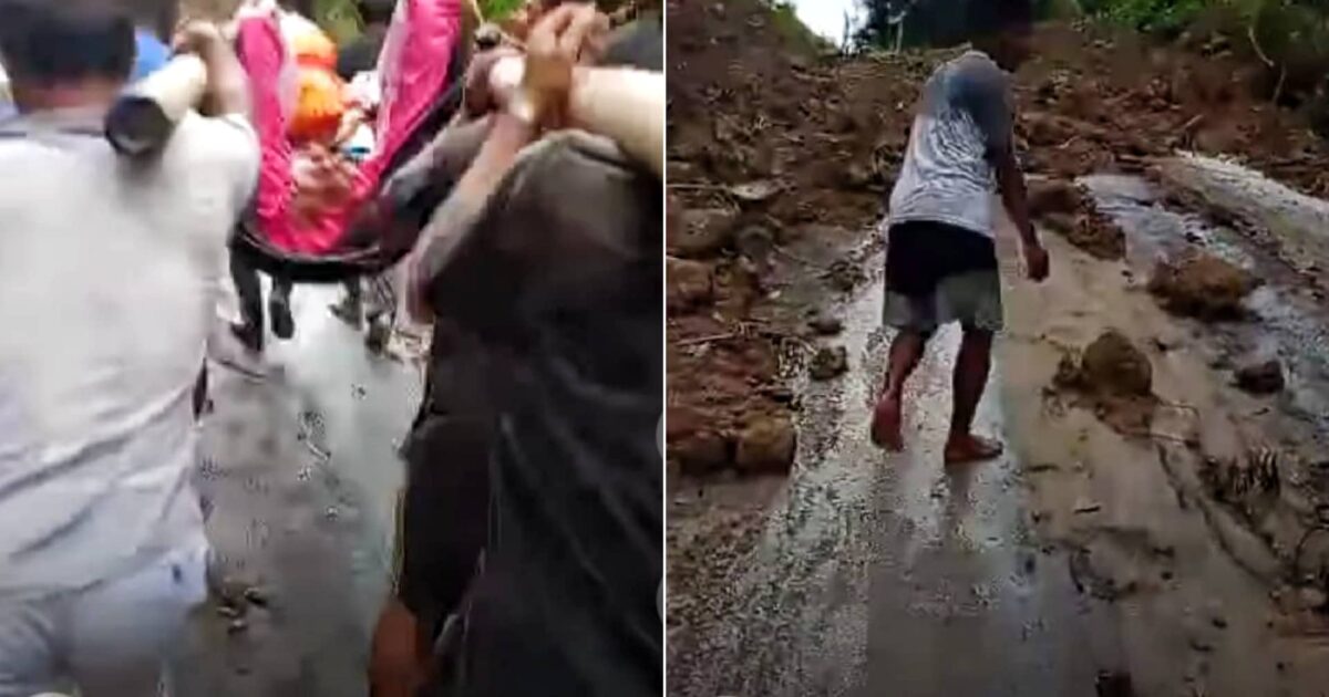 Warga Sakit di Boltim Ditandu Lewat Jalan Longsor