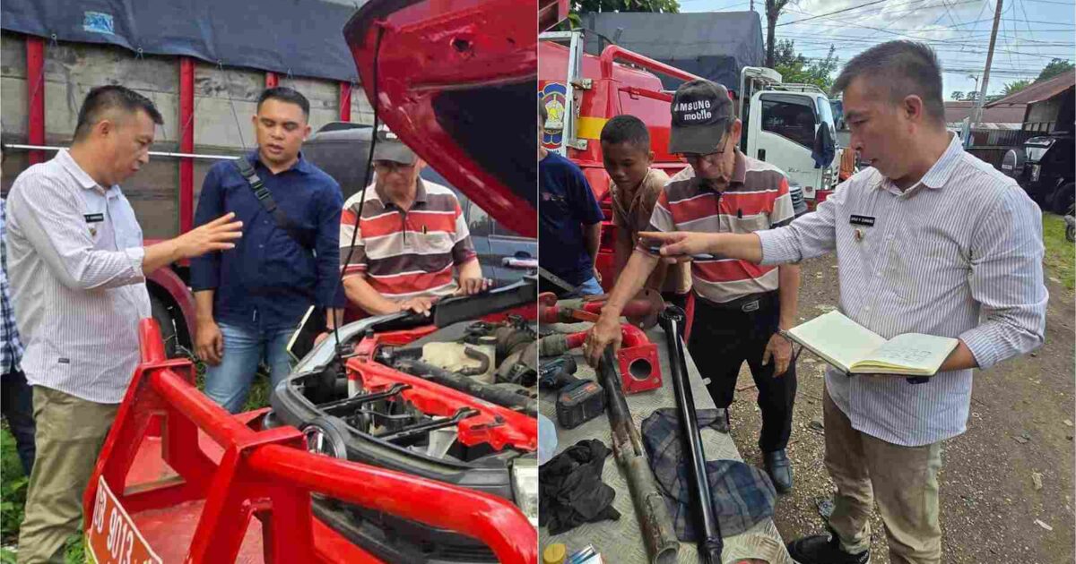 Wabup Argo Sumaiku meninjau perbaikan tiga unit mobil pemadam kebakaran milik Pemkab Boltim di Manado, Jumat 17 Oktober 2025