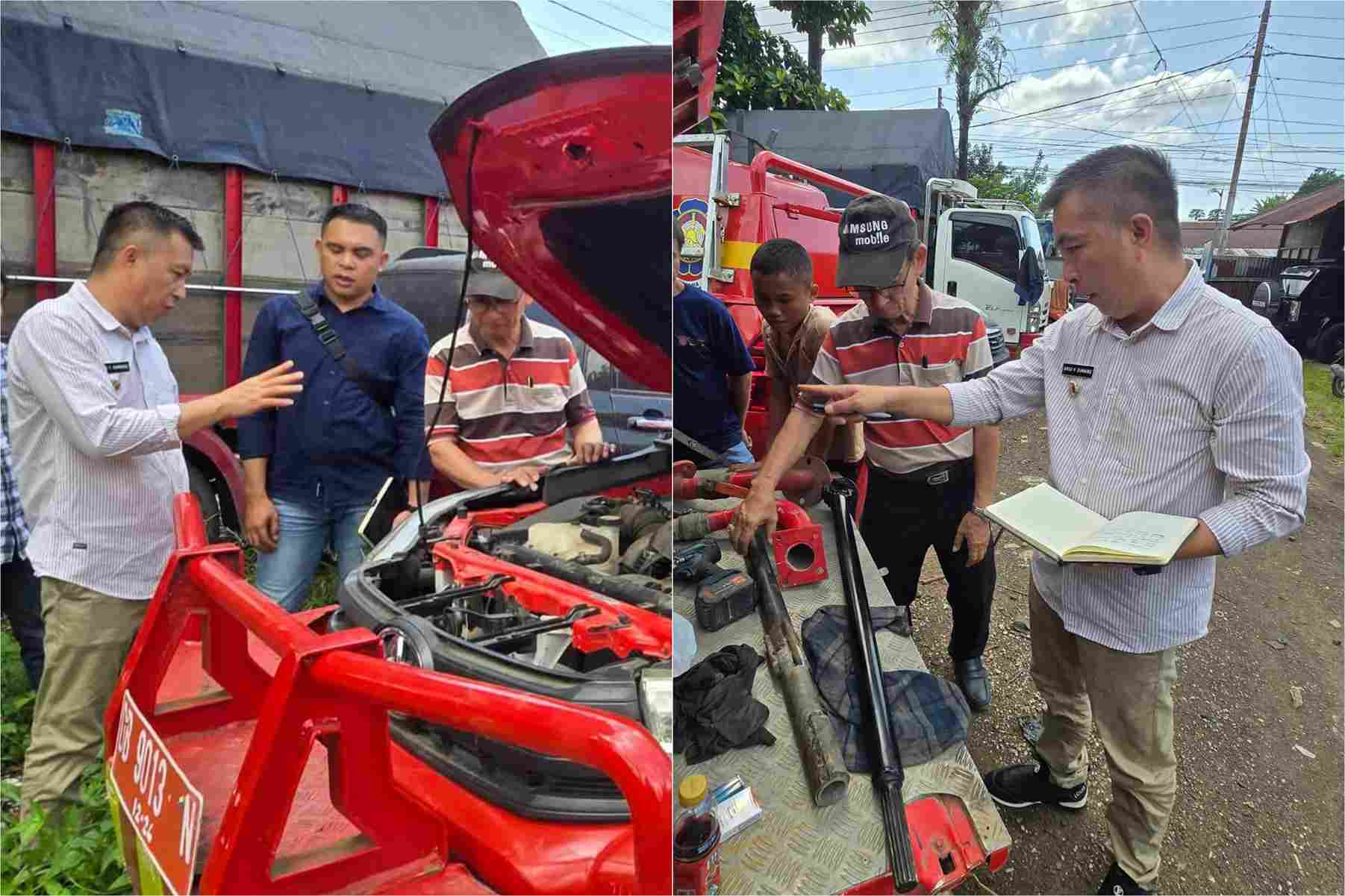 Wabup Argo Sumaiku meninjau perbaikan tiga unit mobil pemadam kebakaran milik Pemkab Boltim di Manado, Jumat 17 Oktober 2025