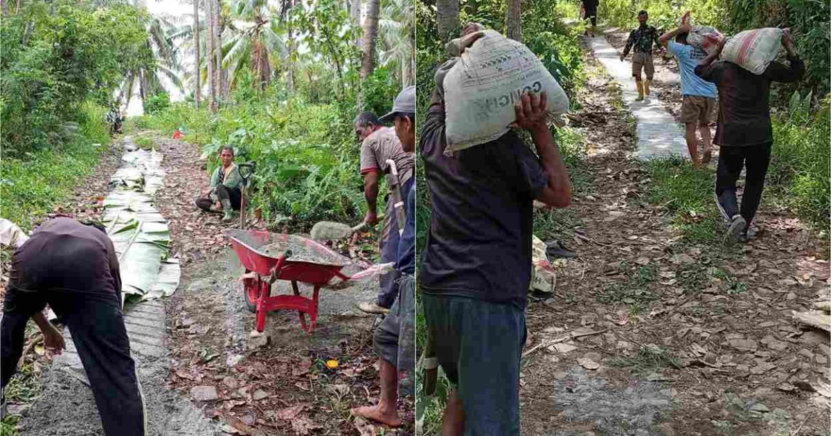 warga Desa Loyow bergotong royong mengecor jalan kebun
