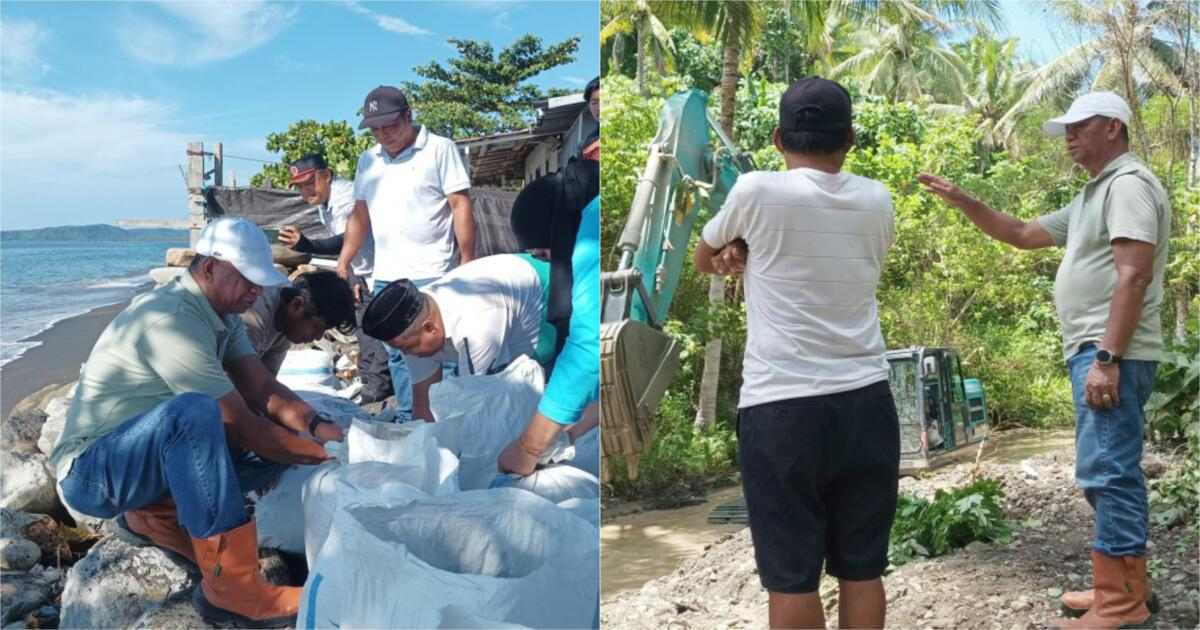 Bupati Boltim Oskar Manoppo bersama warga Paret Timur membuat tanggul darurat tahan abrasi pantai