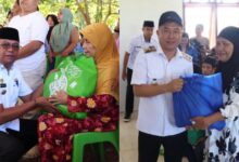 Bupati Oskar Manoppo dan Wakil Bupati Argo Sumaiku menyerahkan bantuan melalui Program Pemkab Boltim Berbagi.